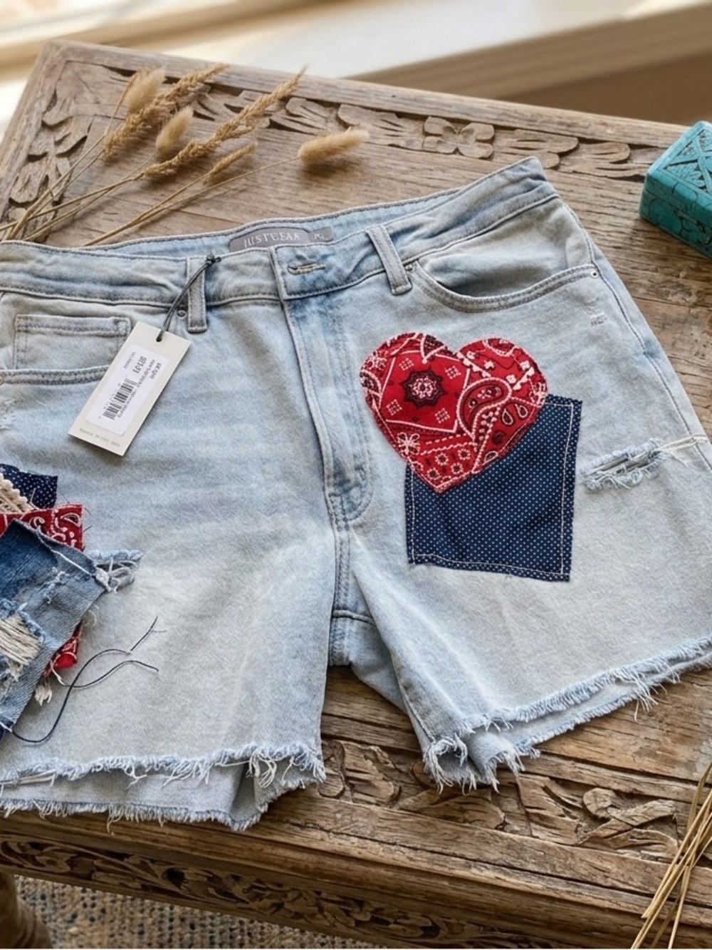 Light Wash Jean Shorts NWT Upcycled with Red Bandana Heart and Navy Pocket